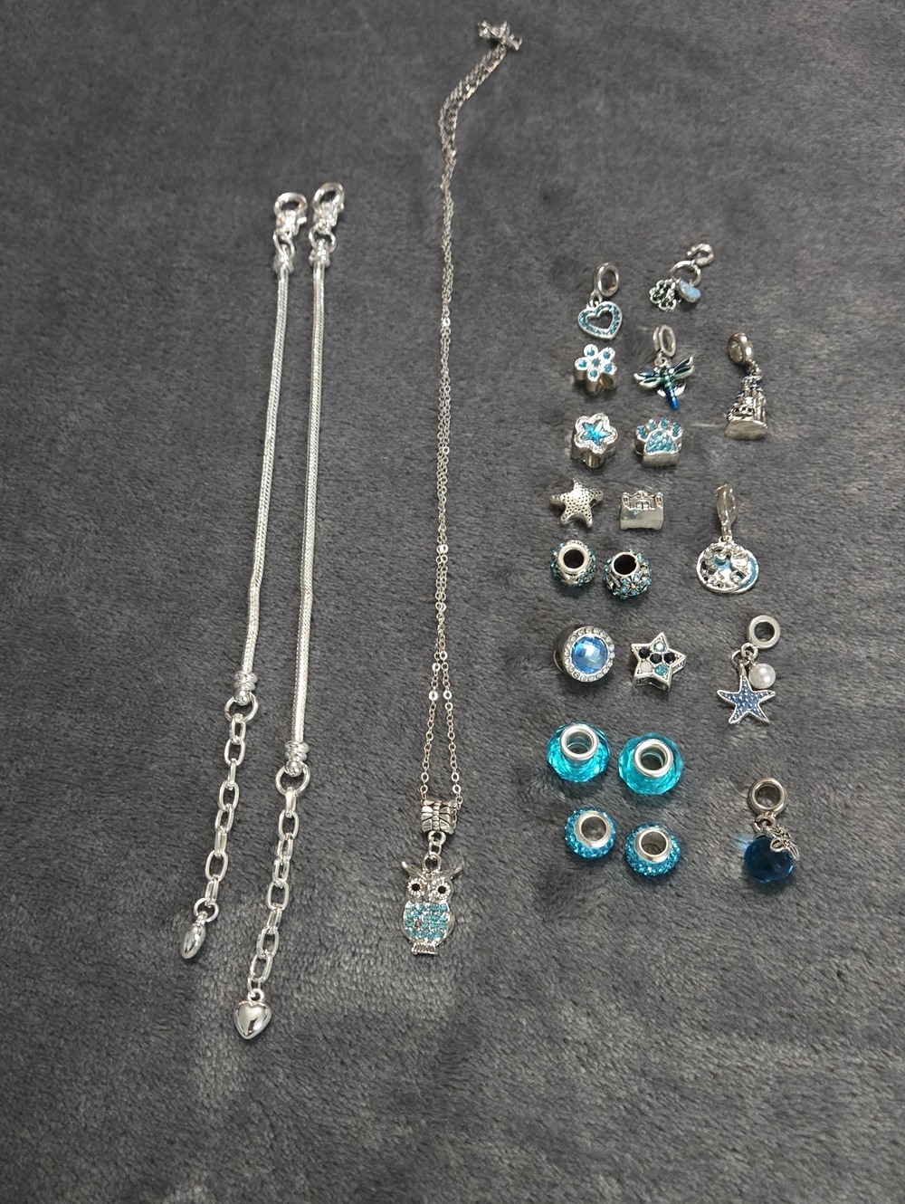 2 Charm Bracelets, 20 Charms, 1 Owl Necklace Silver Toned With Shimmer Blue